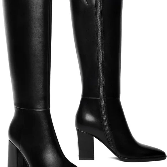 New Women's Black Knee High Boots, Size 6, Pointed Toe, Chunky Block Heel, Platf